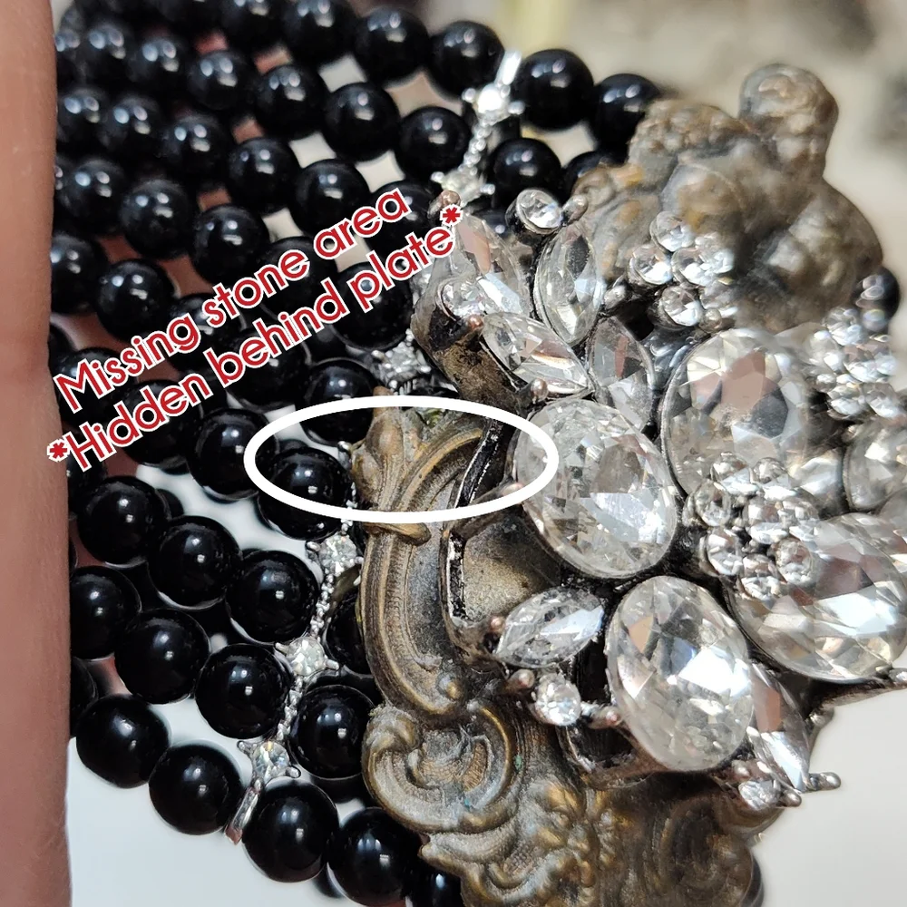 Upcycled Hand Crafted Extra Wide Black Bead Rhinestone Brass Cherub Bracelet - Picture 8 of 13